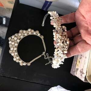 David's Bridal Pearl and Crystal Tiara Bundle with Satin Rhinestone Clutch and V